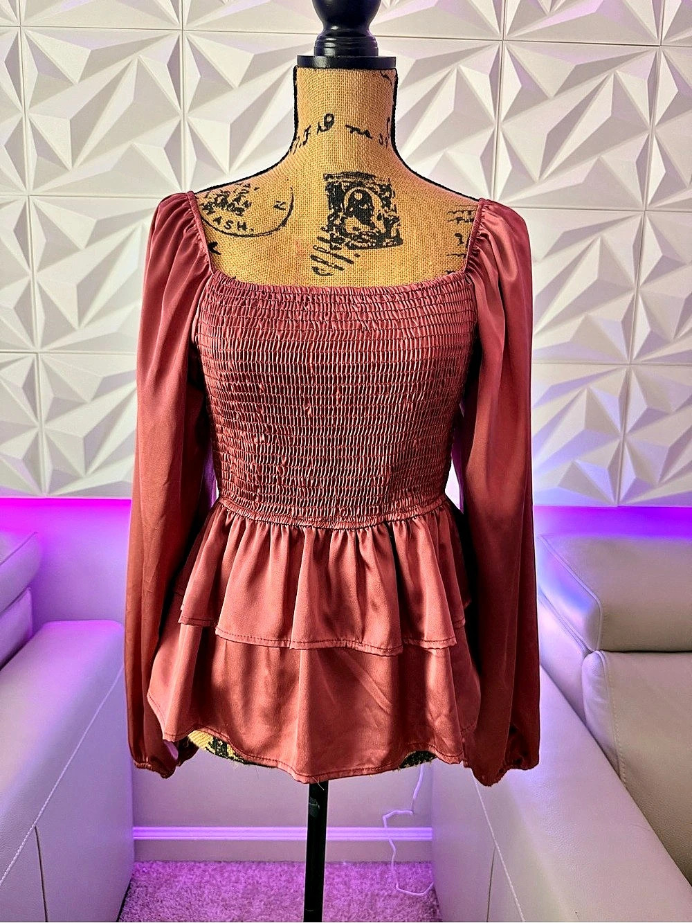 Altar’d State Rust Smocked Peplum Long Sleeve Top | L